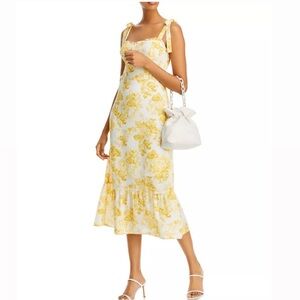 Aqua toile de juoy yellow and white tie strap midi cocktail dress size medium